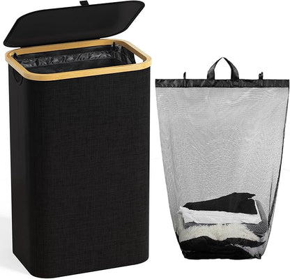 100L Laundry Hamper with Lid, Large Laundry Basket with Bamboo Handles, Clothes Hampers for Laundry with Removable Bag, Dirty Clothes Hampers for Bedroom Aesthetic, Black