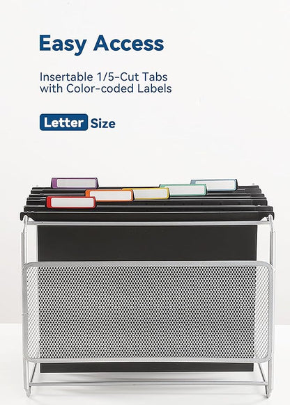 Plastic Hanging File Folders, Sturdy & Tear-Resistant, Letter Size, 12 Pack with Insertable 1/5-Cut Tabs, Black