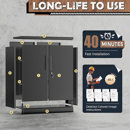 INTERGREAT Metal Storage Cabinet with Locking Doors, Lockable Steel Storage Cabinets with 2 Doors and Shelves, Black Metal Cabinets with Lock, Small Steel Cabinet for Office, Garage, Home, Shop
