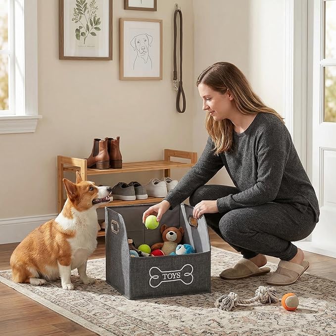 Foldable Dog Toy Basket-Dog Toys Bin-Dog Toy box-Storage Basket with Handle,Organizer Bin for Pet Toys, Blanket, Shelves, Closet -gray