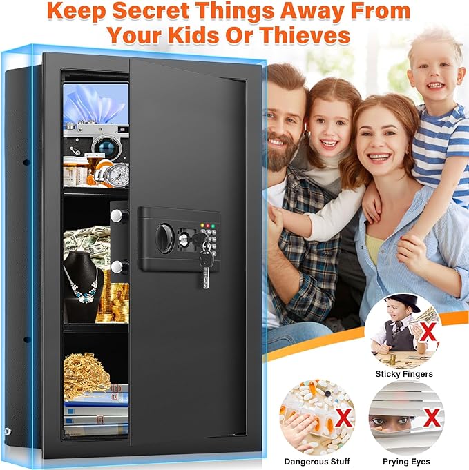 25.6" Tall Fireproof Wall Safes Between the Studs 16" Centers, Hidden Wall Safe with 2 Removable Shelf & Hidden Tray, Heavy Duty Wall Mount Safe for Money, Jewelry, Passport, Valuables