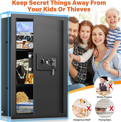 25.6" Tall Fireproof Wall Safes Between the Studs 16" Centers, Hidden Wall Safe with 2 Removable Shelf & Hidden Tray, Heavy Duty Wall Mount Safe for Money, Jewelry, Passport, Valuables