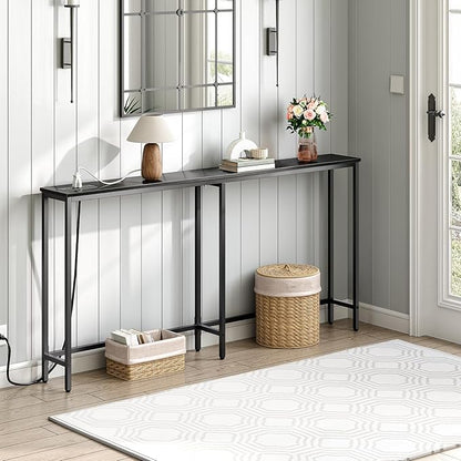HOOBRO 63" Narrow Console Table with Charging Station, 5.9" Sofa Table with 2 Power Outlets and USB Ports, Long Entryway Tables Behind Couch Table, for Hallway, Livingroom, Black BB165UXG01G1