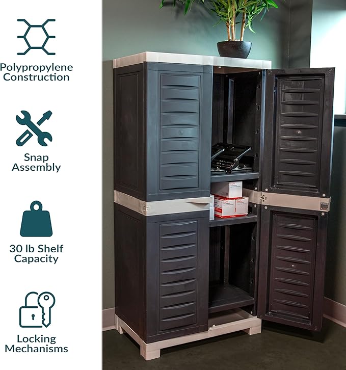 Sunnydaze 48" H Resin Garage Storage Cabinet - Garage Cabinet with Lockable Doors and 3 Adjustable Shelves - Freestanding Utility Storage for Laundry Room, Office, Basement - Charcoal