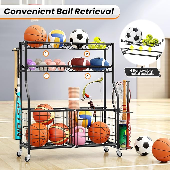 TOOLF Garage Sports Equipment Organizer with Ball Rack & Basket, Heavy Duty Workout Storage Cart for Gym Equipment, Outdoor Toy Organizers, Black