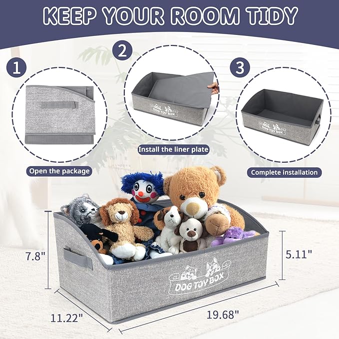 Foldable Pet Toy Storage Box with 3 Handles, Portable Organizer Basket for Dog Toys, Blankets & Accessories, White Dogs
