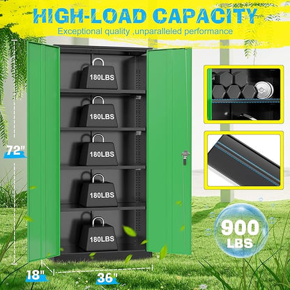 Pataku Metal Storage Cabinet, 72" Garage Cabinet with Doors and Shelves Lockable Steel Multifunctional Cabinets, File Cabinets for Home, Office, Warehouse(Black Green)