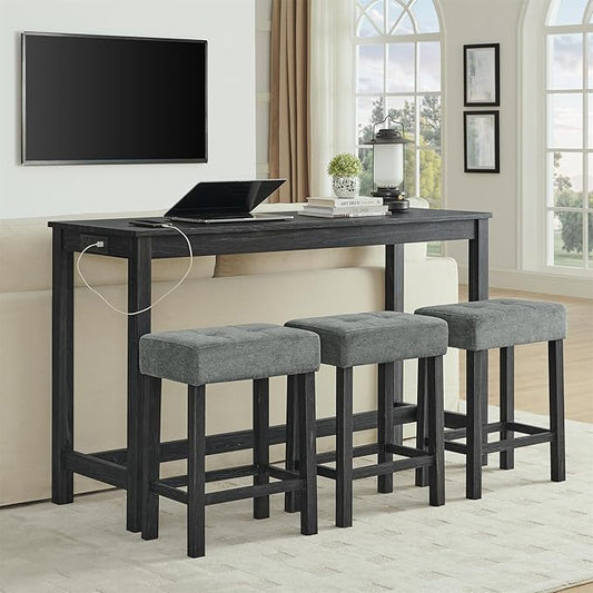 59" Power Outlet Mid Century Console Table, Slim Console Table with Solid Wood Frame, Long Narrow Console Tables for Living Room & Kitchen, Black