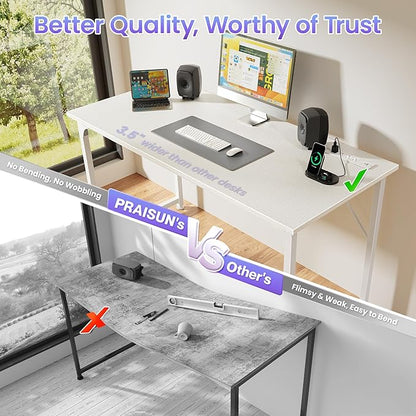 PRAISUN 47 X 20 Inch Office Computer Desk with Power Outlets and USB-C Port, Larger Gaming Desk, for Home Office, Study, Bedroom, Writing Work from Home Table, Metal Frame, White