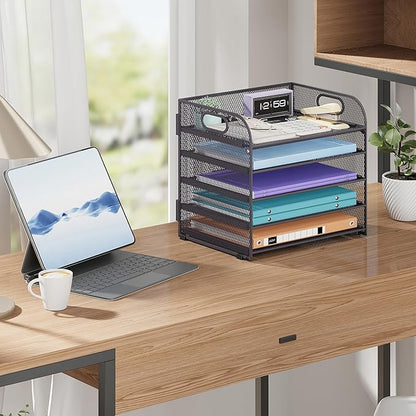 5 Tier Paper Organizer with Handle, Grey Metal Mesh Desk Organizer File Folder Paper Letter Tray Desktop Document Sorter for Classroom, School, Office Accessories Organization and Storage