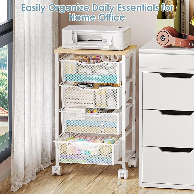 Utility Cart with 4 Drawers, Rolling Storage Cart, Metal Rolling Drawer Cart with Lockable Wheels and Wooden Tabletop, Craft Storage Art Cart for Living Room, Bedroom, Classroom, Office, White