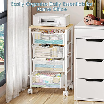 Utility Cart with 4 Drawers, Rolling Storage Cart, Metal Rolling Drawer Cart with Lockable Wheels and Wooden Tabletop, Craft Storage Art Cart for Living Room, Bedroom, Classroom, Office, White