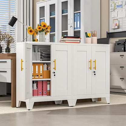 White Metal File Cabinet with Lock (Two Units), Steel Storage Cabient with 2 Doors and 2 Adjustable Shelves, Multifunctional Locked Cabinet for Home/Office/Garage/Tool Room, Accent Furniture