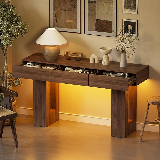 PAKASEPT 63-Inch Long Console Table with Colorful LED Lights and 3 Drawers, Wooden Rectangular Sofa Table Behind The Couch, Farmhouse Entryway Table for Entrance, Hallway, Living Room