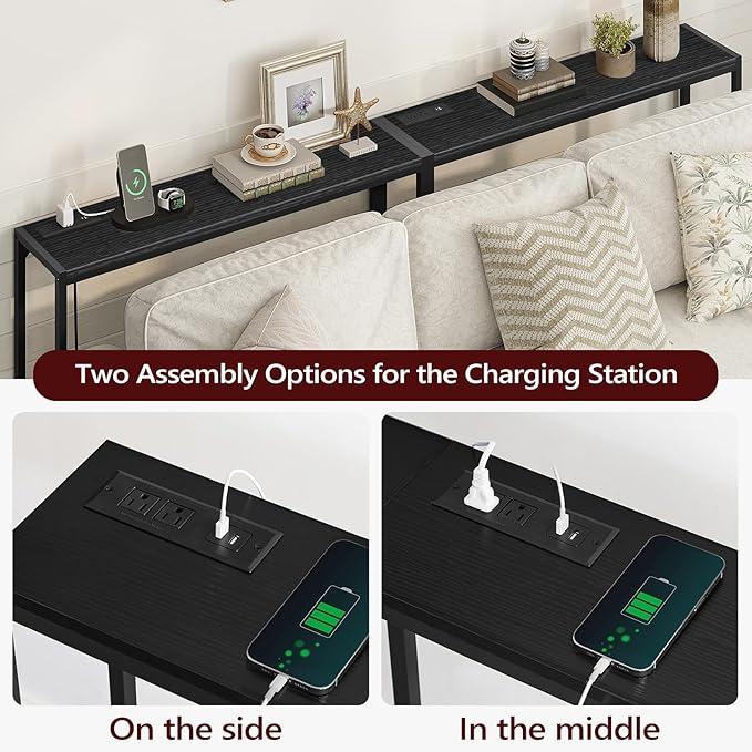 Console Table, 2 Pack Narrow Sofa Table, 43.3” Entrance Table with Power Station, Behind Couch Table, for Living Room, Hallway, Entryway, Foyer, Black CTBK112E01S2