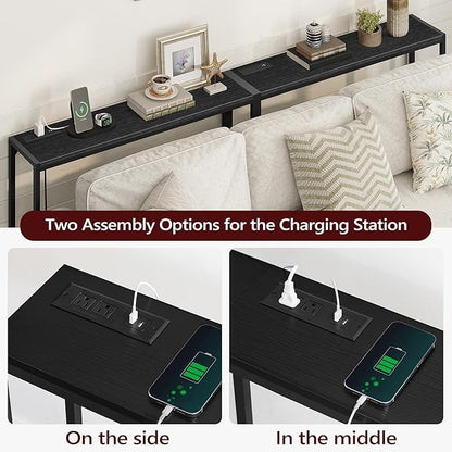 Console Table, 2 Pack Narrow Sofa Table, 43.3” Entrance Table with Power Station, Behind Couch Table, for Living Room, Hallway, Entryway, Foyer, Black CTBK112E01S2