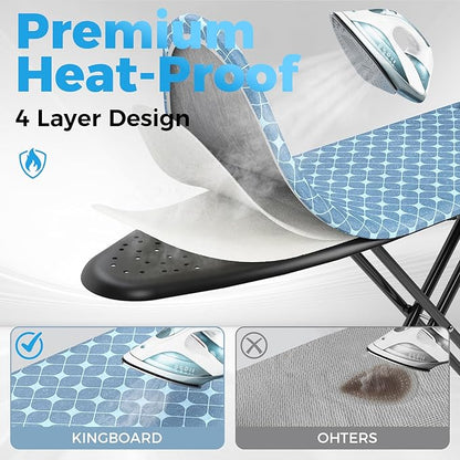 KINGBOARD Ironing Board, Compact Iron Board with Silicon Iron Mat, Heat Resistant Cover, 7 Height Adjustable, Foldable Ironing Board Wall Mount Hanger, 13x43 Yellow