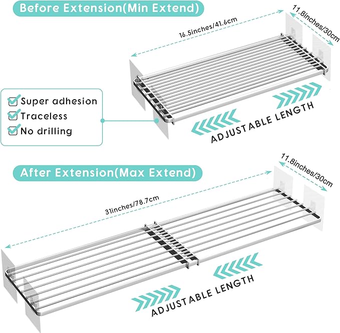 2Pack Expandable Closet Tension Shelves Organizers, Adjustable Wall Mounted Tension Shelf for Cabinet Rack Storage Wardrobe Divider Shelving for Closets Pantry Cupboard Kitchen