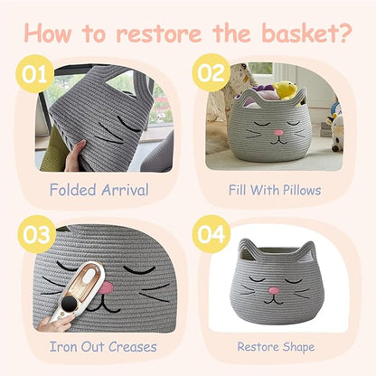 OMERAI Animal Baskets Cotton Rope Storage Basket Woven Toy Basket Large Basket for Blankets Cute Cat Toy Box with Handles Foldable Animal Laundry Basket Nursery Organizer, 15"D x 12.6"H