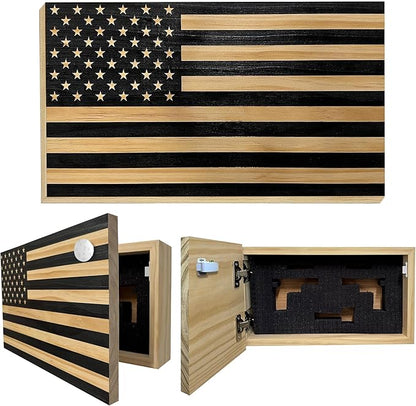 American Flag Hidden Gun Safe - Quick Access Hidden Gun Shelf - Concealment Shelf with Magnetic Lock - Wall Gun Safe for Secure Firearm Storage - Handcrafted In USA by Bellewood Designs (Carbon Gray)