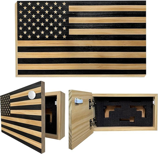 American Flag Hidden Gun Safe - Quick Access Hidden Gun Shelf - Concealment Shelf with Magnetic Lock - Wall Gun Safe for Secure Firearm Storage - Handcrafted In USA by Bellewood Designs (Carbon Gray)