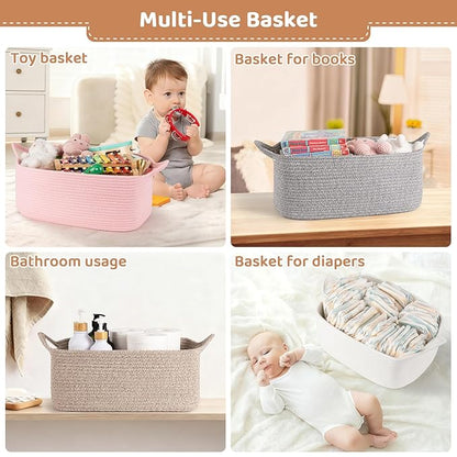 Large Empty Gift Baskets for Baby Shower, 16.5" L x 12.6" W x 7" H Cute Woven Storage Basket with Gift Bags and Ribbons, Small Rope Toy Basket with Handles, Cat Dog Pet Toy Organizer - Pink