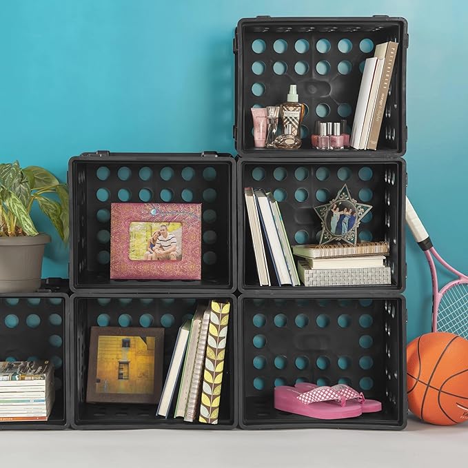 File Crate, Stackable Plastic Storage Bin with Handles,Organize Files at Home, Garage, Office, School, Black