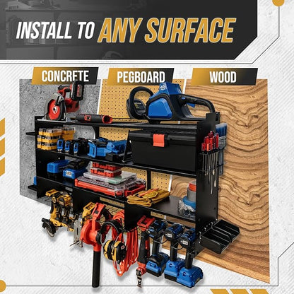 Power Tool Organizer Wall Mount, With Attachable Shelves - Large Garage Storage System, Heavy Duty 4-Tier Rack Holds 12 Drills – Screw Holder Accessories, Utility Shelf for Workshop Organization