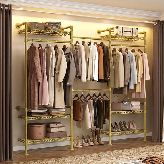 P3 Industrial Pipe Closet System, Wall Mounted Garment Racks with 4 Telescopic Rods & 6 Mesh Shelves, Heavy Duty Clothing Clothes Rack for Walk-in Closets (Gold)