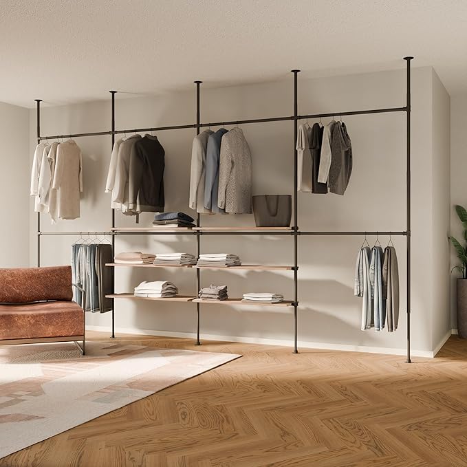 pamo Industrial Pipe Clothing Rack with Shelf - 660 lbs Capacity - Clamping Clothes Rack and Walk In Closet with Oak Shelf for Wardrobe