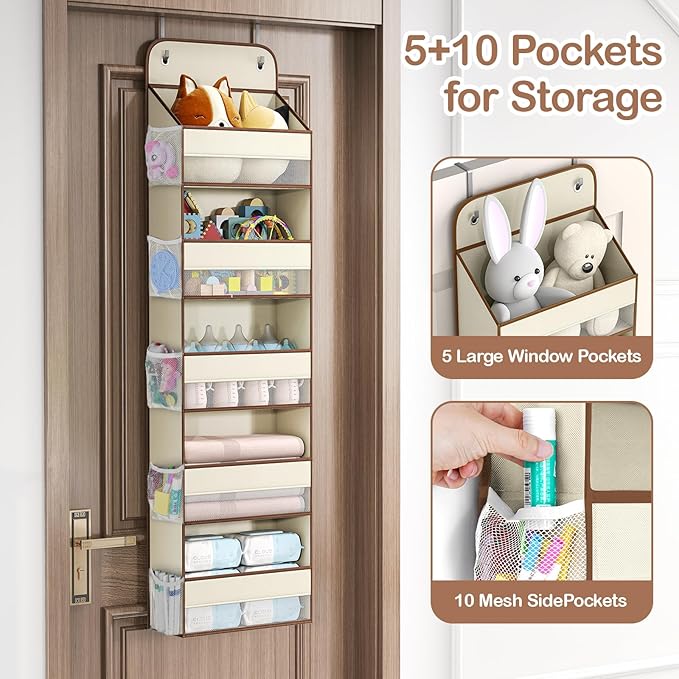 LAMU 5-Tier Over The Door Organizer Hanging, Swing - Proof Closet Behind Door Storage for Baby Clothes, Back of Door Organizers for Bedroom, Nursery and Bathroom, Beige, 1 Pack