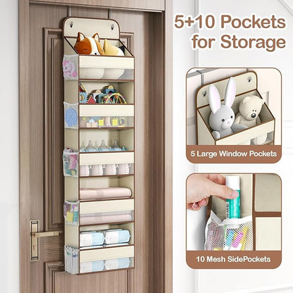LAMU 5-Tier Over The Door Organizer Hanging, Swing - Proof Closet Behind Door Storage for Baby Clothes, Back of Door Organizers for Bedroom, Nursery and Bathroom, Beige, 1 Pack