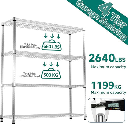 4 Tiers Shelf 2640 lbs Steel Storage Shelving Utility Shelving Unit Steel Organizer Wire Rack for Home,Kitchen,Office,Garage Chrome 17.7" D x 47.2" W x 70.3" H