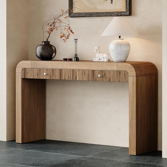 54.3" Rustic Console Table with Fluted Drawer Front,Entryway Table with Curved Corners & Thick Legs,Sturdy Sofa Table for Hallway & Living Room,Natural