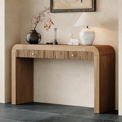 54.3" Rustic Console Table with Fluted Drawer Front,Entryway Table with Curved Corners & Thick Legs,Sturdy Sofa Table for Hallway & Living Room,Natural