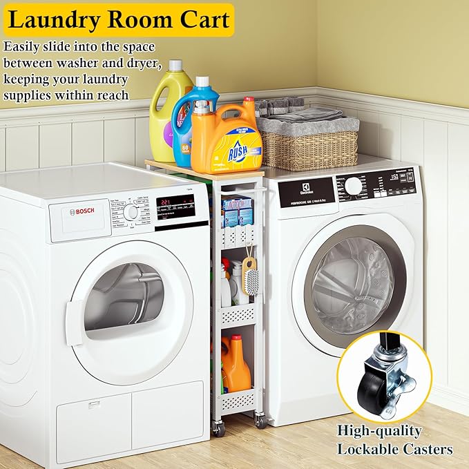 Utility Slim Storage Cart, 4 Tier Small Rolling Kitchen Laundry Room Cart with Wood Top, Metal Narrow Bathroom Storage Cabinet Mobile Shelf Unit Organizer Trolley with Handle for Narrow Space
