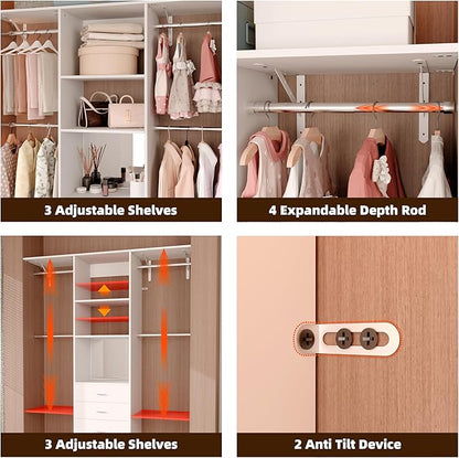 Closet System Set With Concealable Stool, Closet Organizer System With 4 Wood Drawers, Walk-In Closet Storage System, 5 Adjustable Cloth Garment Rack from 3 to 5FT, White