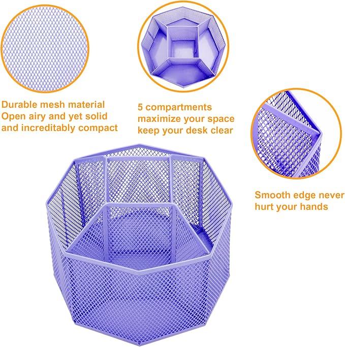 Annova Mesh Desk Organizer Rotate with 5 Compartments Spinning Tidy Candy/Pen Holder Office, Art Supply, Storage, Classroom, Home (Purple)