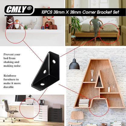 CMLY Corner Brackets, 10Pcs 38mm x 38mm, Black Steel, Triangle Shelf Brackets, Corner Desk Connectors for Wood, Metal, Table, Cabinet