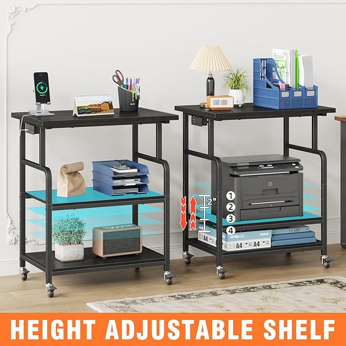 YAOHUOO 3 Tier Large Printer Stand with Power Outlet/Adjustable Storage Shelf, Rolling Cart with Wheels, Printer Table for Home Office 3D Printer/Heat Press/Laster, 23.6"×19.6" Black