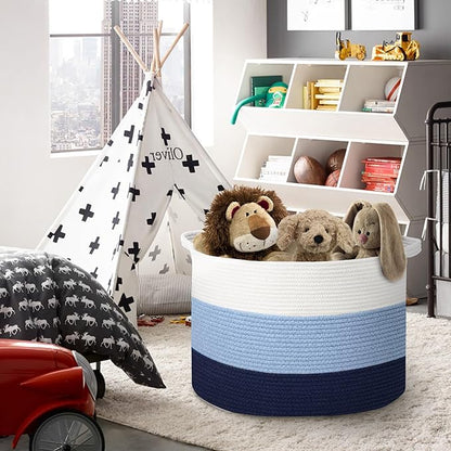 Large Kids Toy Basket, 22" x 14" Soft Woven Cotton Rope Basket, Toy Storage Bin for Kids, Big Baby Nursery Organization, Floor Stuffed Animal Storage, Blanket Pillow Holder for Living Room