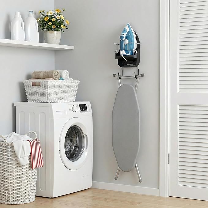 DOUBLE 2 C Ironing Board Hanger Wall Mount Electric Iron Holder Iron and Ironing Board Storage Organizer Shelf with Removable Hooks for Household Bathroom Laundry Room (Black)