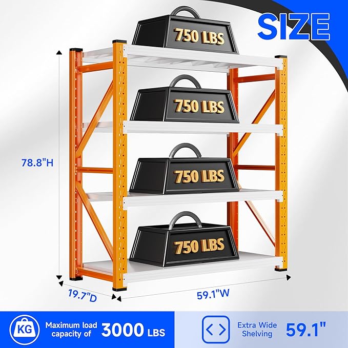 59" W Garage Storage Shelves,3000LBS Garage Shelving Heavy Duty Adjustable Shelving Unit,4 Tier Metal Utitly Shelves Industrial Shelving for Warehouses,Basement,Orange-White