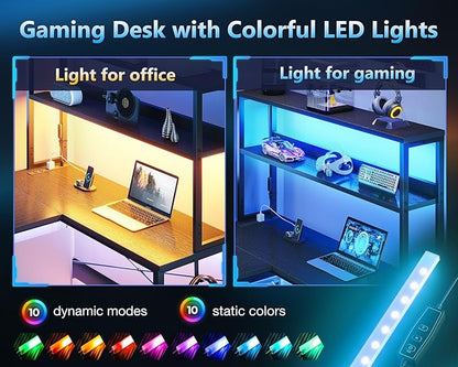 Casaottima 61 Inch Gaming Desk with Power Outlets & LED Lights, Reversible L Shaped Computer Desk with Shelves & Storage Bag, Corner Desk for Home Office, Black