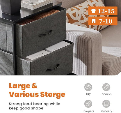 DUMOS Dresser for Bedroom 4 Drawers, Tall Fabric Closet Chests Organizer Tower Furniture with Wooden Top Metal Frame for Living Room, Closet, Grey