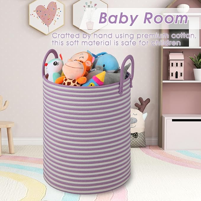 Large Laundry Basket,Laundry Hamper,15''x18'' Cotton Rope Storage Basket with Handles,baby hamper, Nursery Blanket Storage Living Room,toy basket,kids laundry,home decor (white+purple)