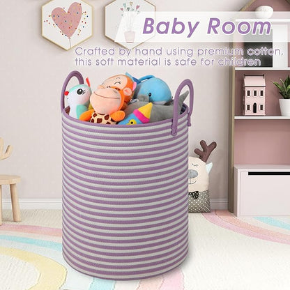 Large Laundry Basket,Laundry Hamper,15''x18'' Cotton Rope Storage Basket with Handles,baby hamper, Nursery Blanket Storage Living Room,toy basket,kids laundry,home decor (white+purple)