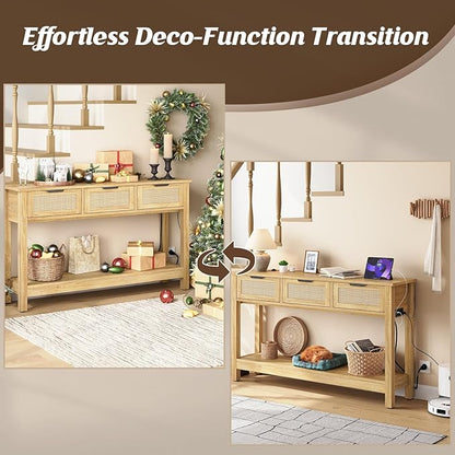 Luoxiao 47" Console Table with Charging Station & USB-C, Slim Entryway Table with 3 Rattan Drawers, Narrow Sofa Table Behind Couch for Living Room, Hallway, Foyer, Modern Wood Entry Table, Natural