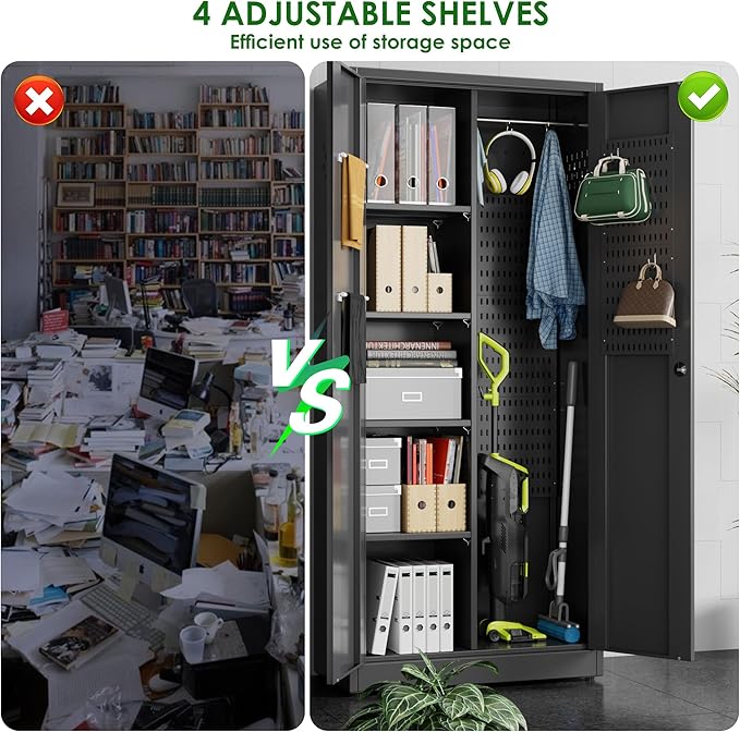Metal Broom Closet Storage Cabinet, Garage Storage Cabinet with 5 Pegboard, Hanging Rod &13 Hooks for Garage Home,Black,Required Assembly,71.5" H x 31.5" W x 15.75" D