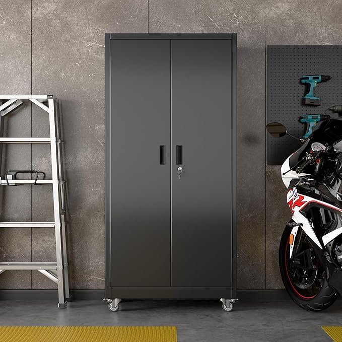 Garage Storage Cabinet with Wheels, Metal Storage Cabinet with 5 Adjustable Shelves and Pegboard for Garage Home Utility Room,Required Assembly,Black，71" H×34" W×18" D